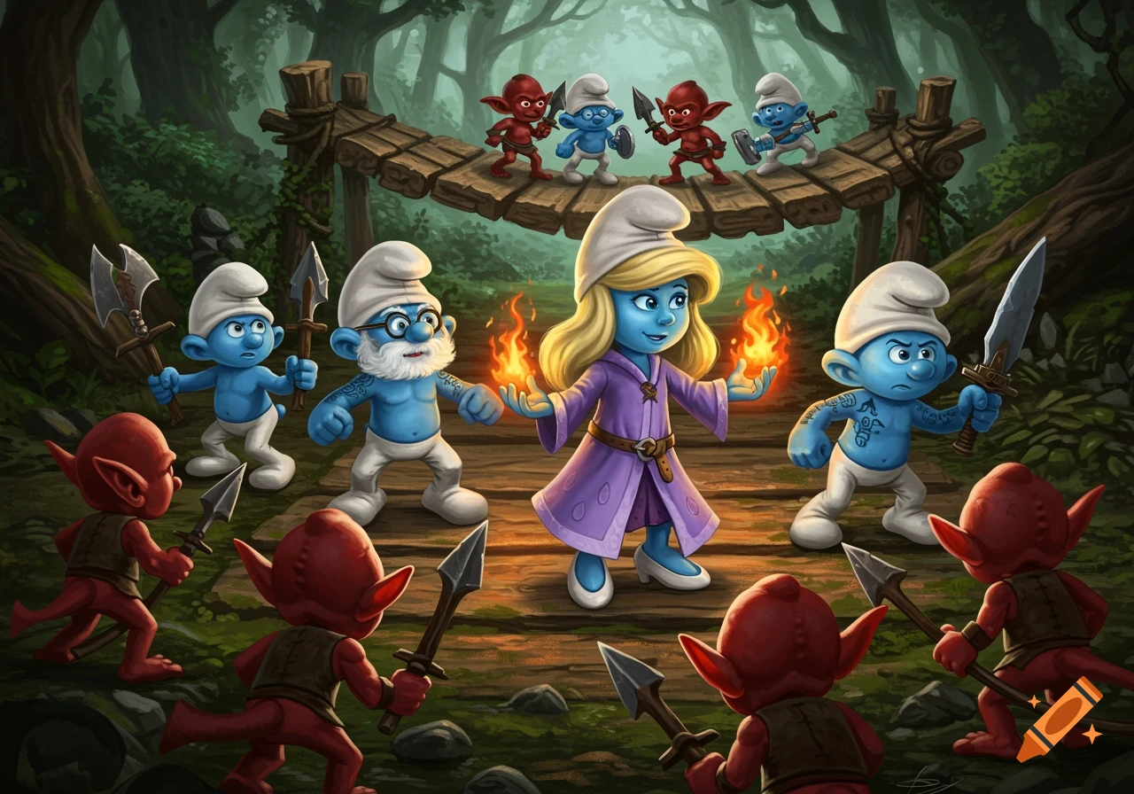Smurfs and red goblins battle in a forest with Smurfette casting magic and other Smurfs holding weapons.