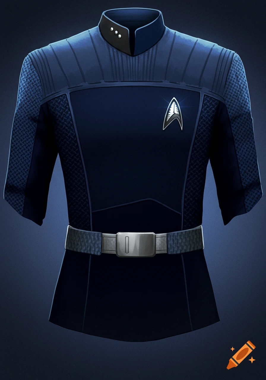 Detailed illustration of a dark blue Starfleet uniform with delta badge and silver belt buckle.