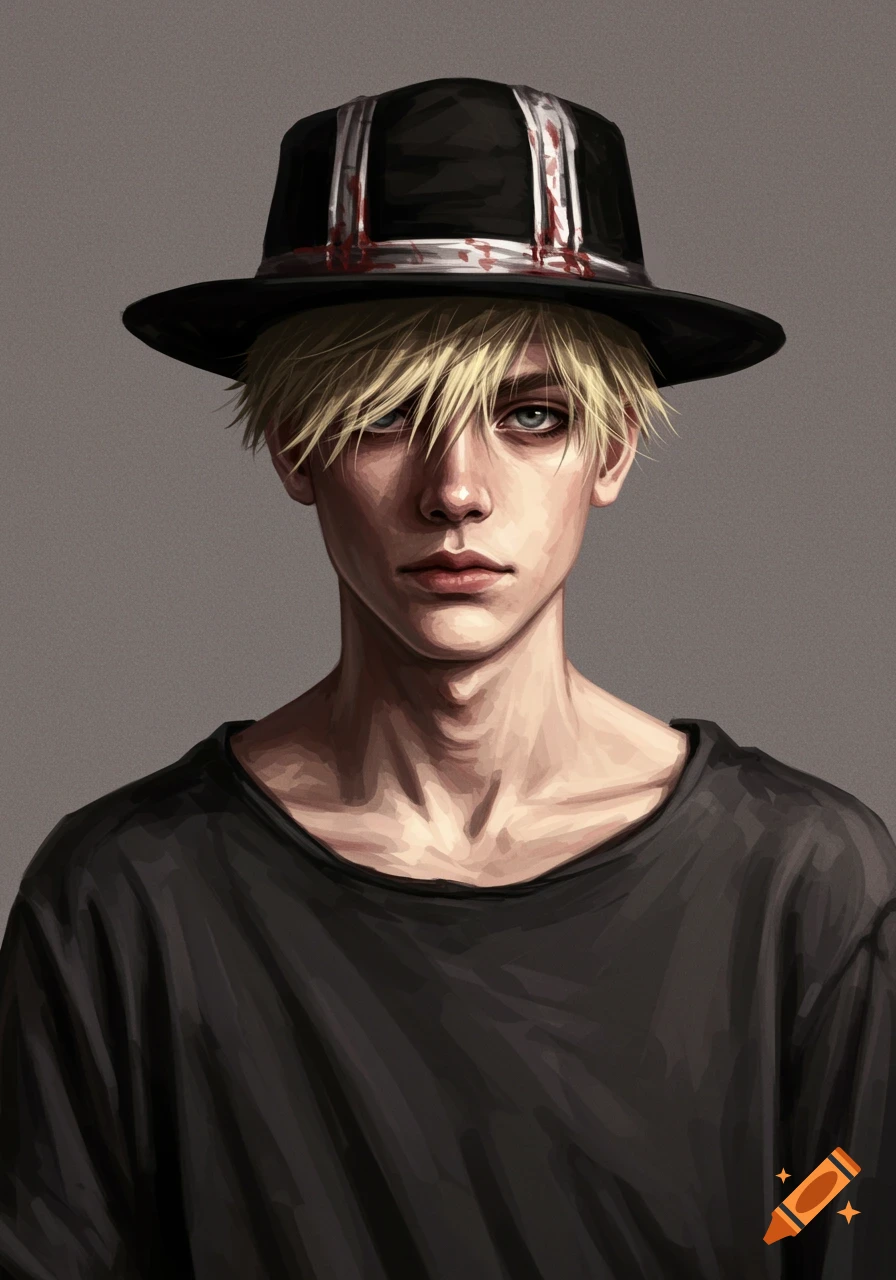 A close-up portrait digital painting of a young man with blonde hair and a black hat with red stains.