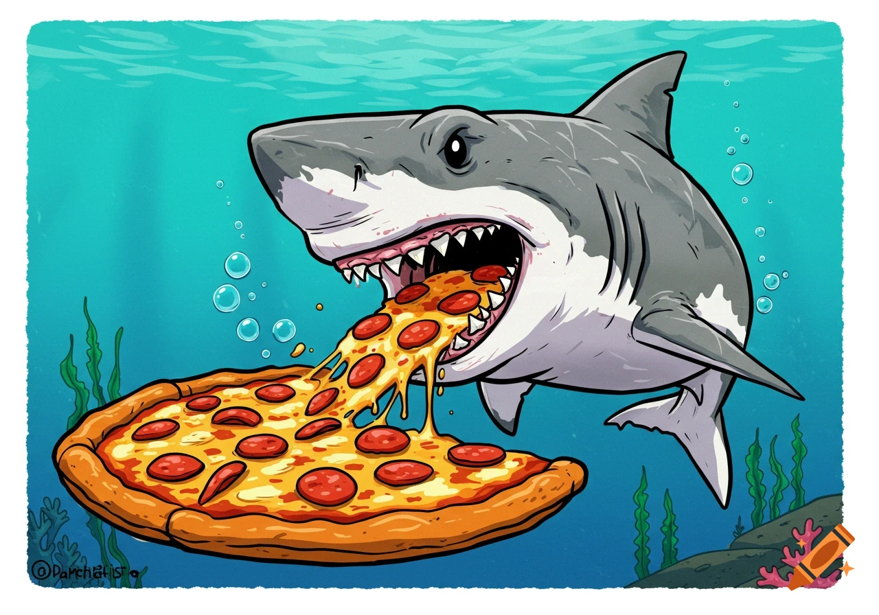 Cartoon shark eating a slice of pepperoni pizza underwater.