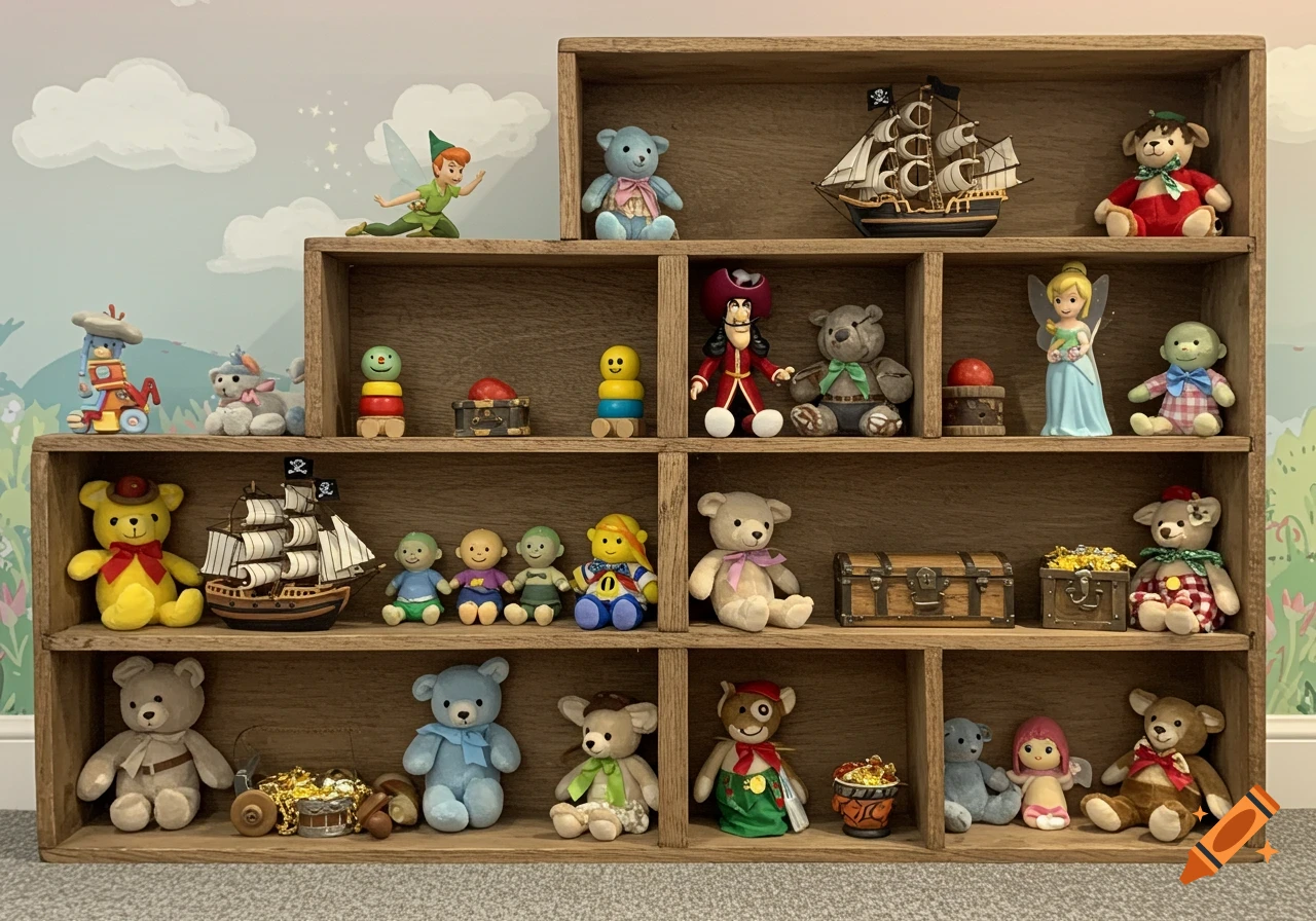 A wooden shelf filled with various toys, including teddy bears, Peter Pan characters, a pirate ship, and treasure chests.