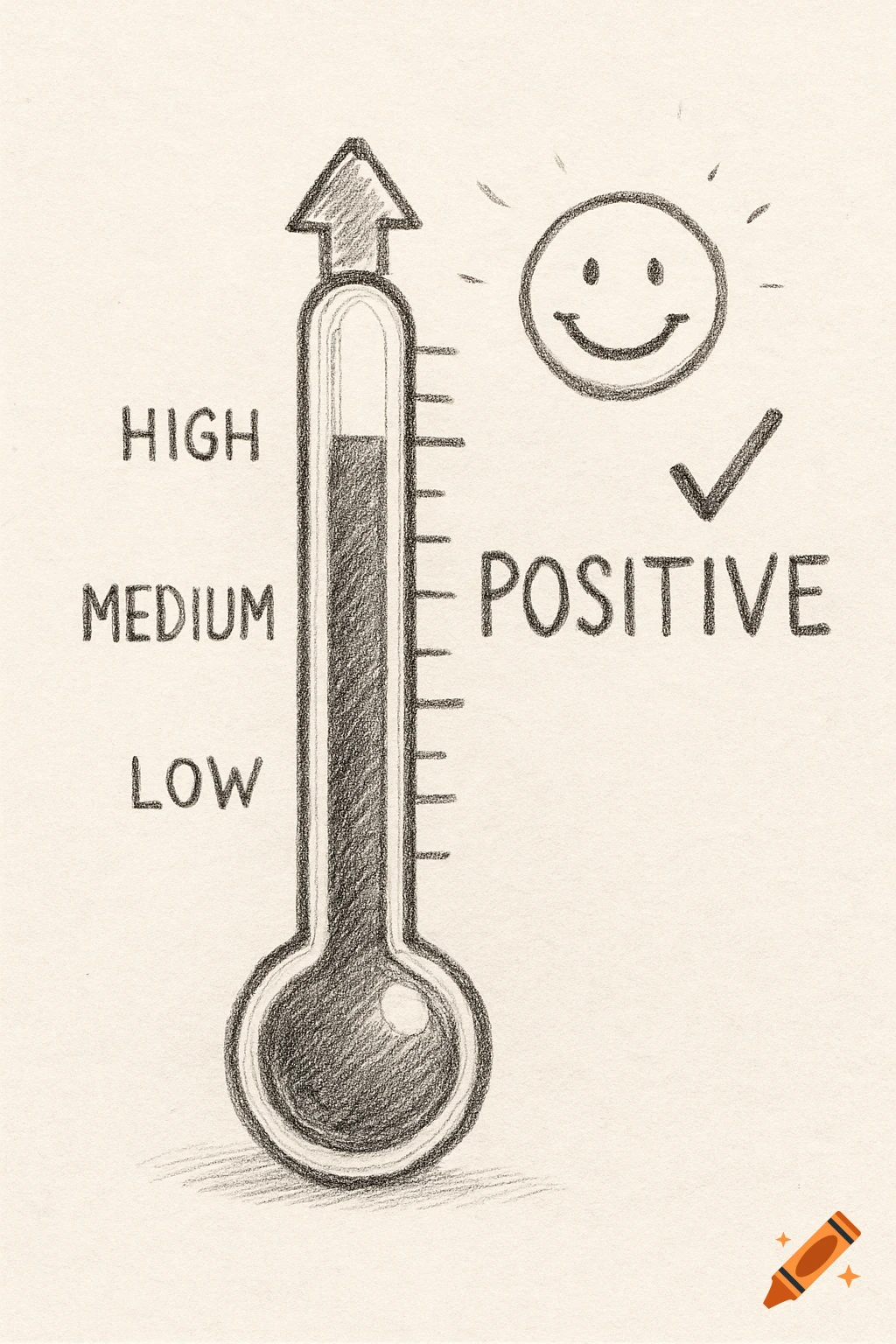 Pencil sketch of a thermometer labeled LOW, MEDIUM, HIGH, with the level at HIGH, next to a smiling face and the word POSITIVE.
