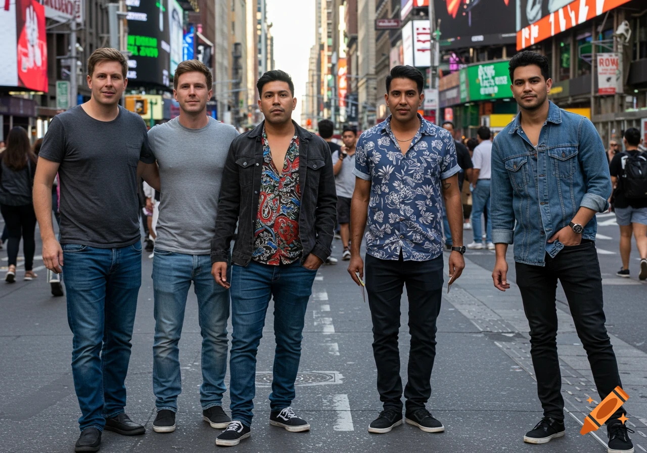 Five men standing on a street in New York City.
