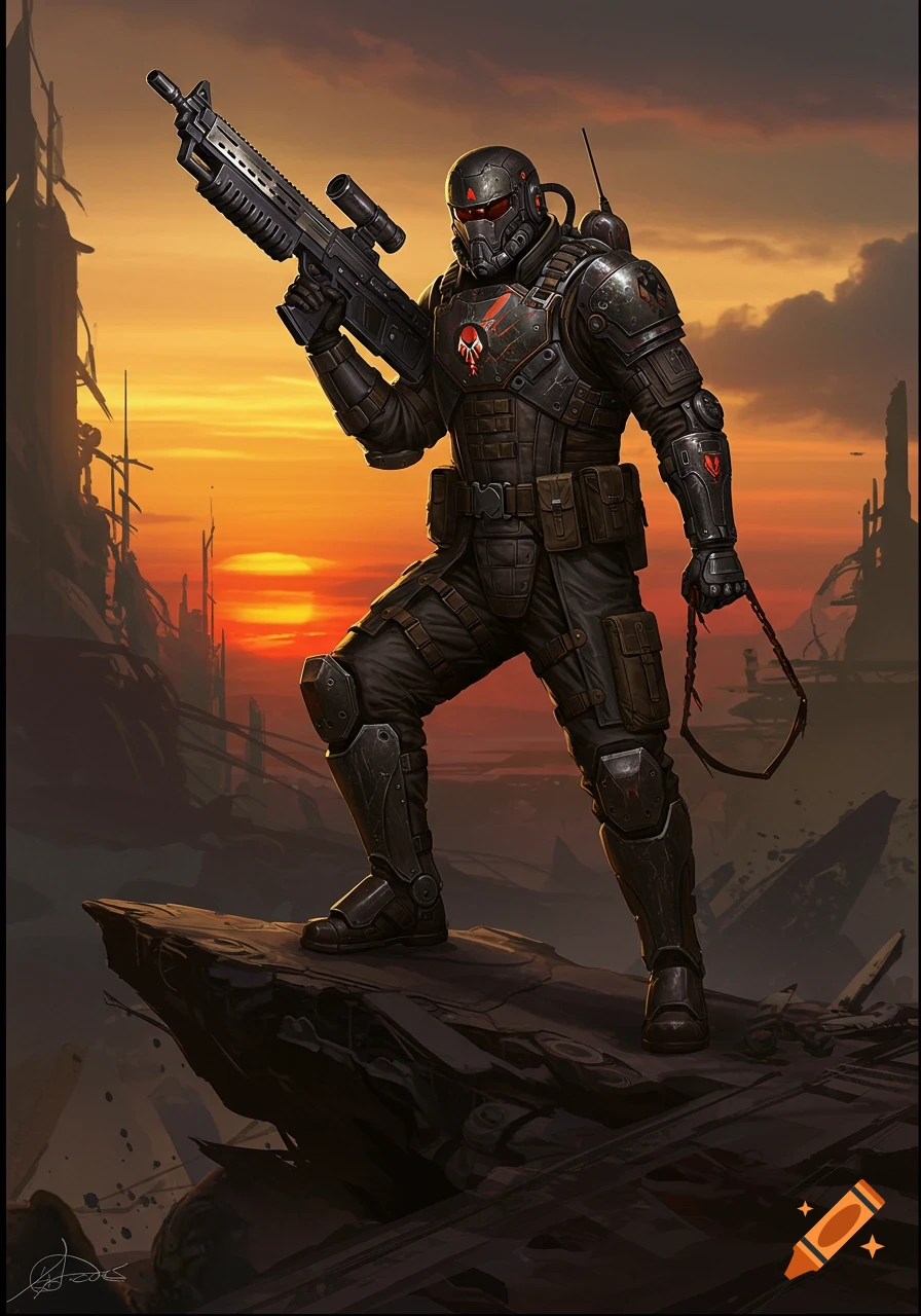 A futuristic soldier in black and grey armor stands on a rock holding a rifle against a sunset in a ruined landscape.