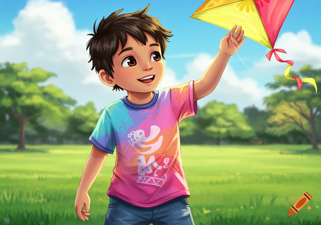 Cartoon illustration of a happy boy flying a kite in a sunny park.