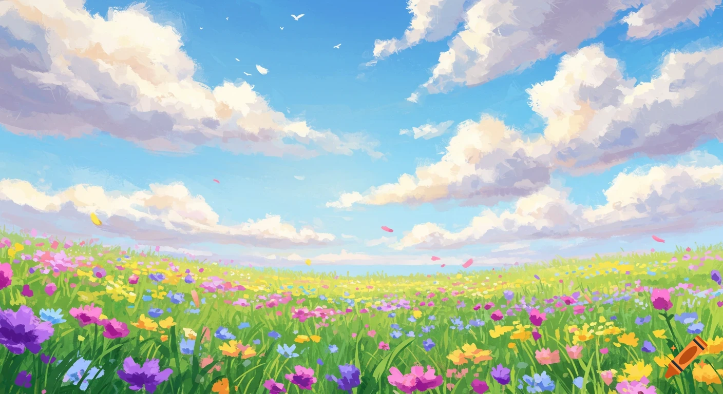 Painterly view of a field of colorful spring flowers under a cloudy blue sky.
