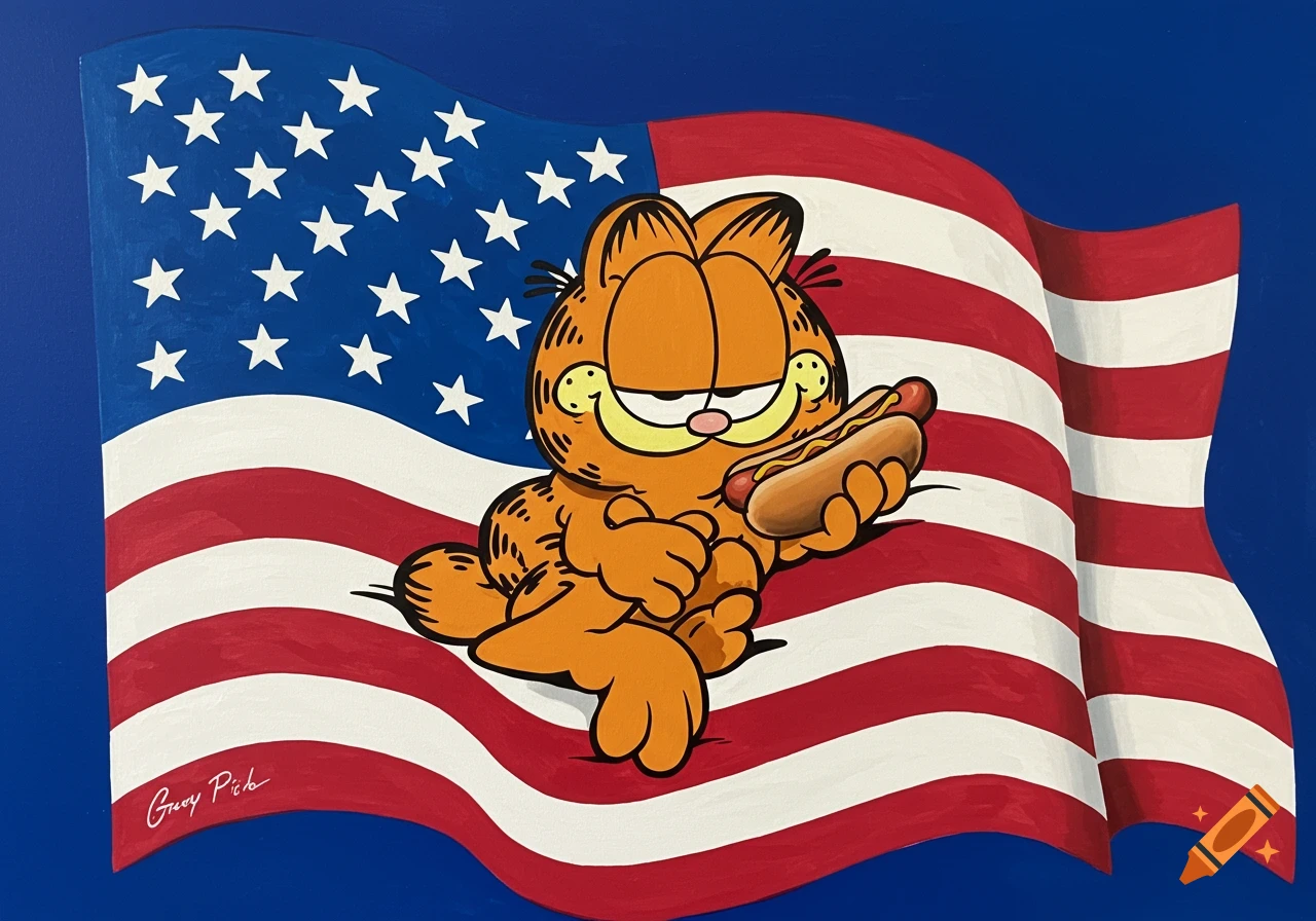Illustration of Garfield sitting in front of an American flag, holding a hot dog.