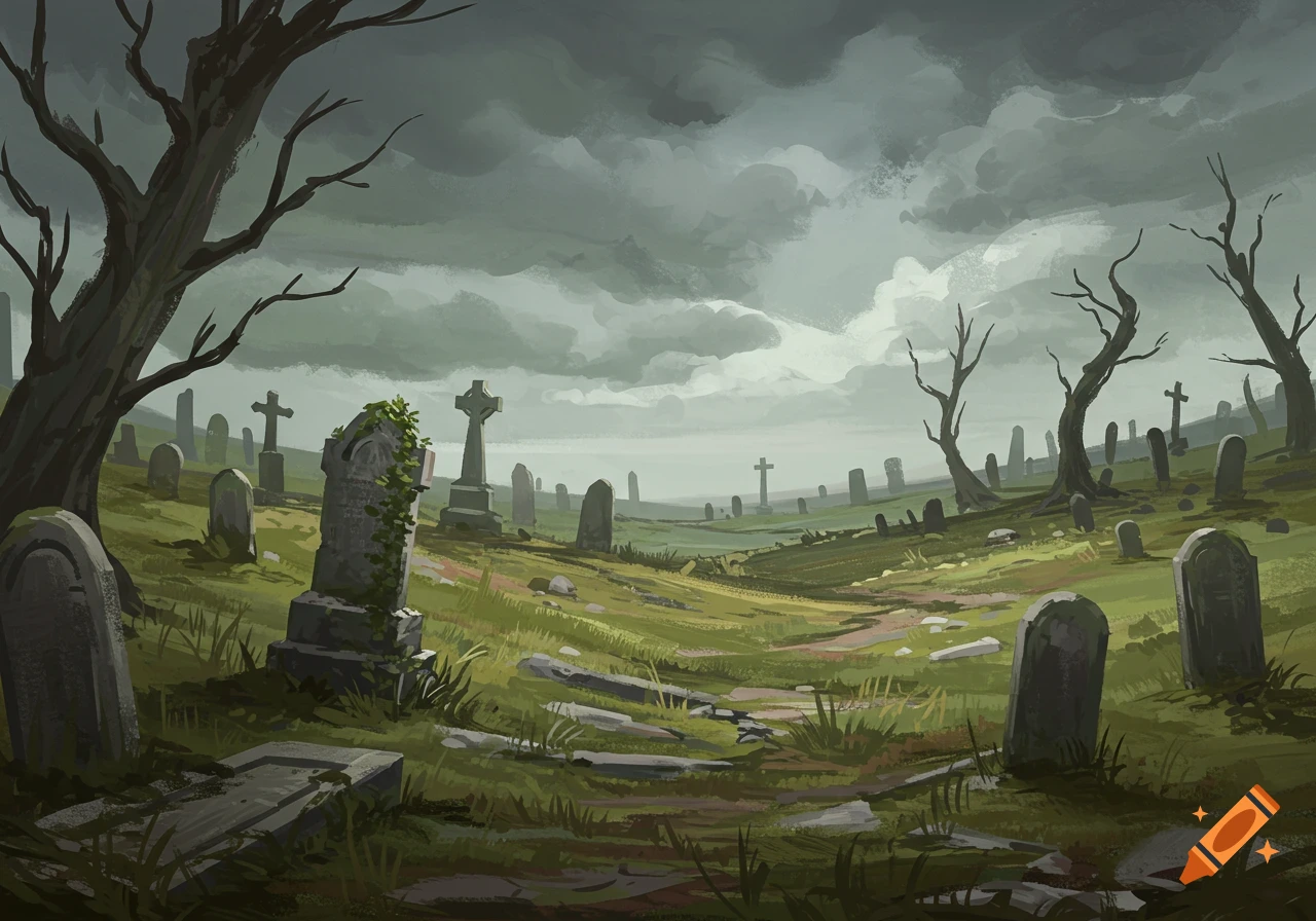 A painterly scene of a gloomy graveyard under a cloudy sky with bare trees and many tombstones.