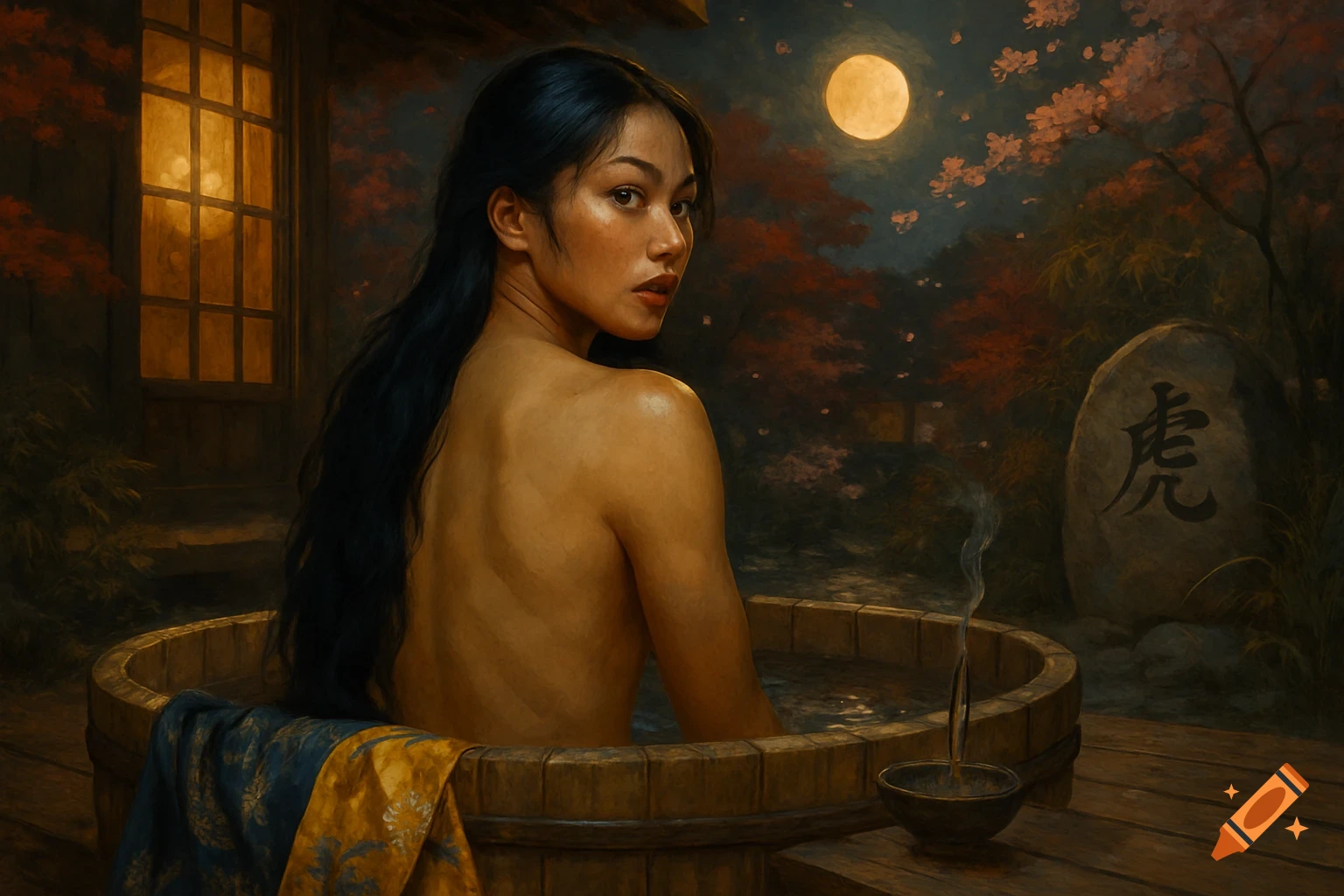 Japanese woman bathing outdoors at night under a full moon, looking back over shoulder. Cherry blossoms, stone with Japanese text.