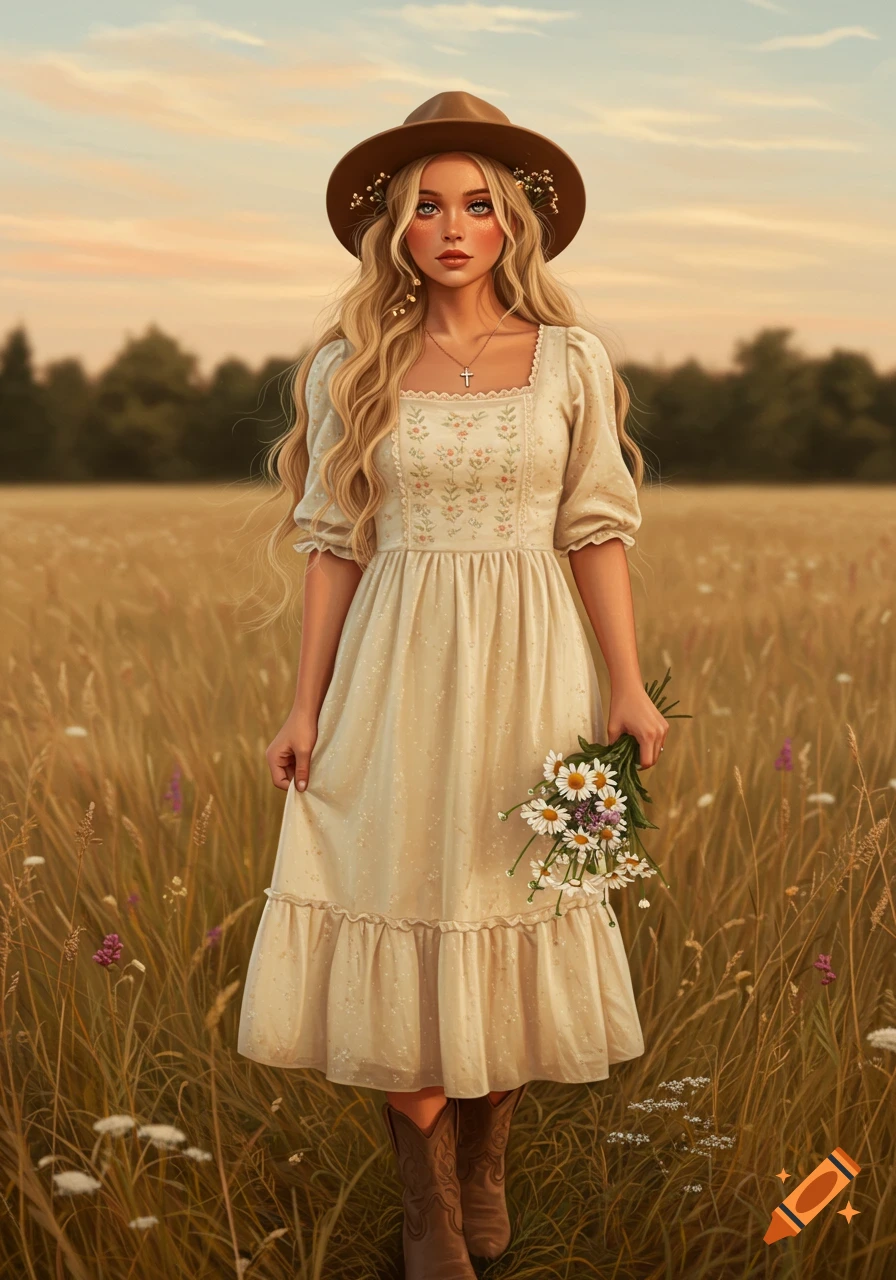 A woman in a prairie dress, hat, and boots stands in a golden field holding a bouquet of flowers.