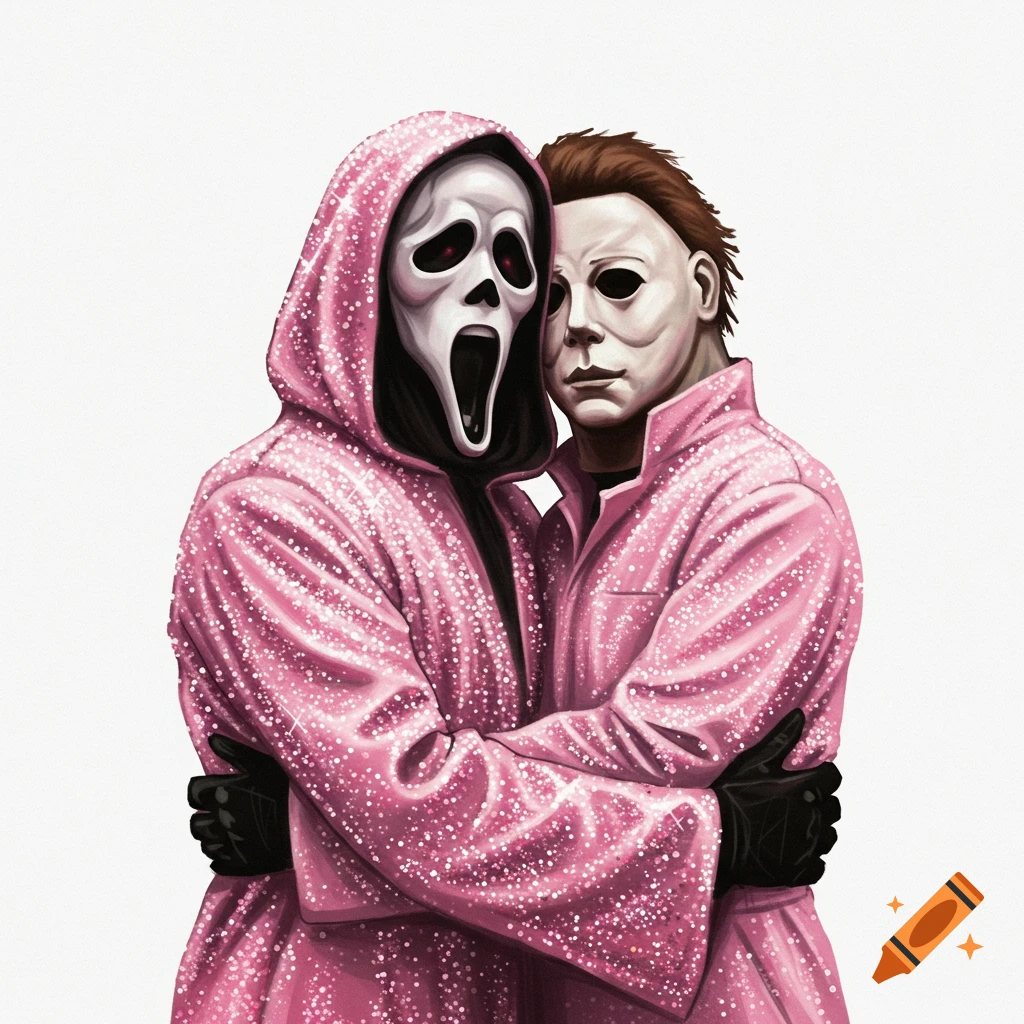 Ghostface and Michael Myers hug while wearing matching glittery pastel pink outfits against a white background.