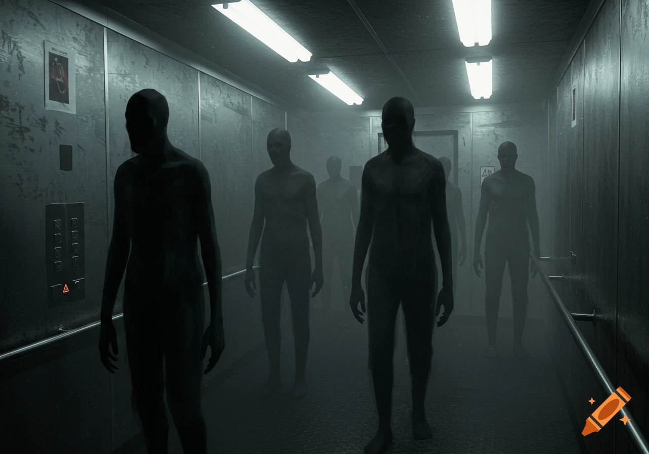 Shadowy figures stand in a dark, foggy elevator hallway.