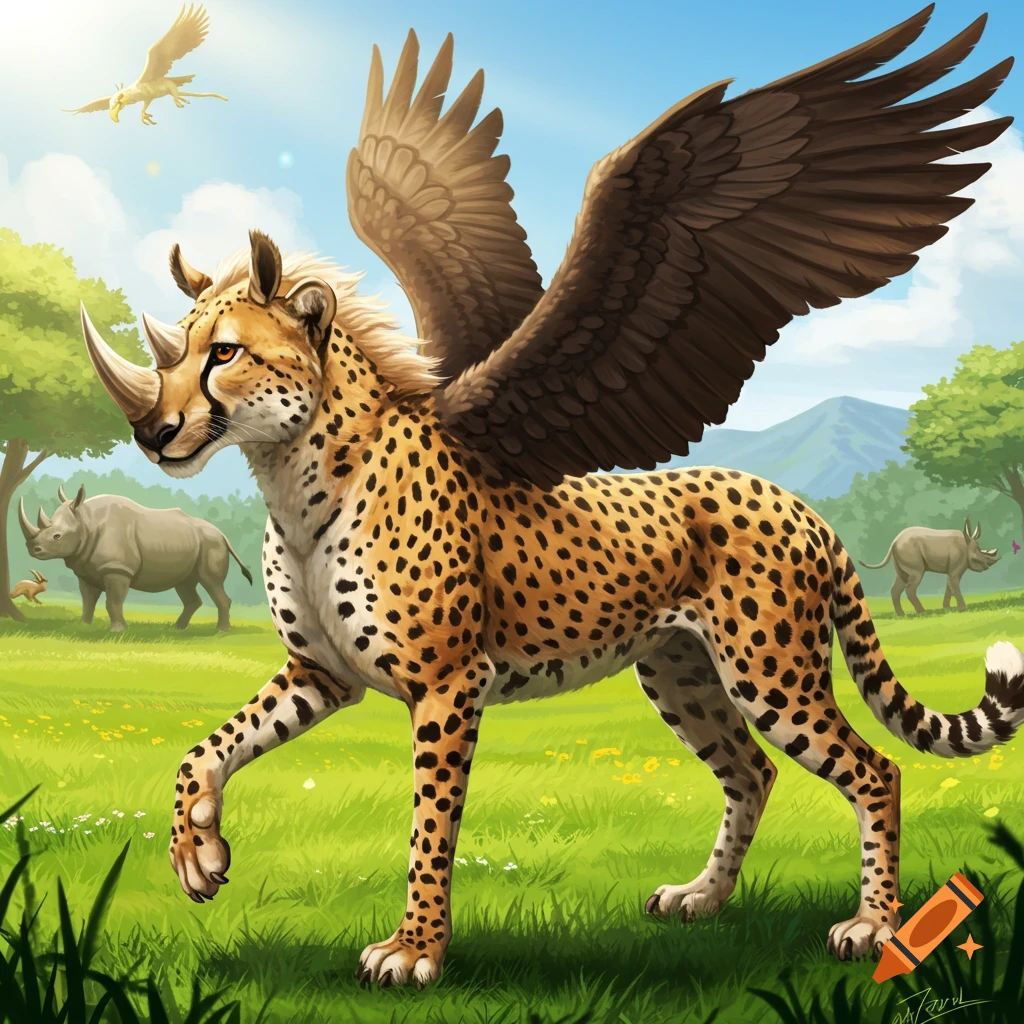 A large, winged cheetah-like creature with a rhino horn stands in a sunny grassy field with rhinos and a flying bird.