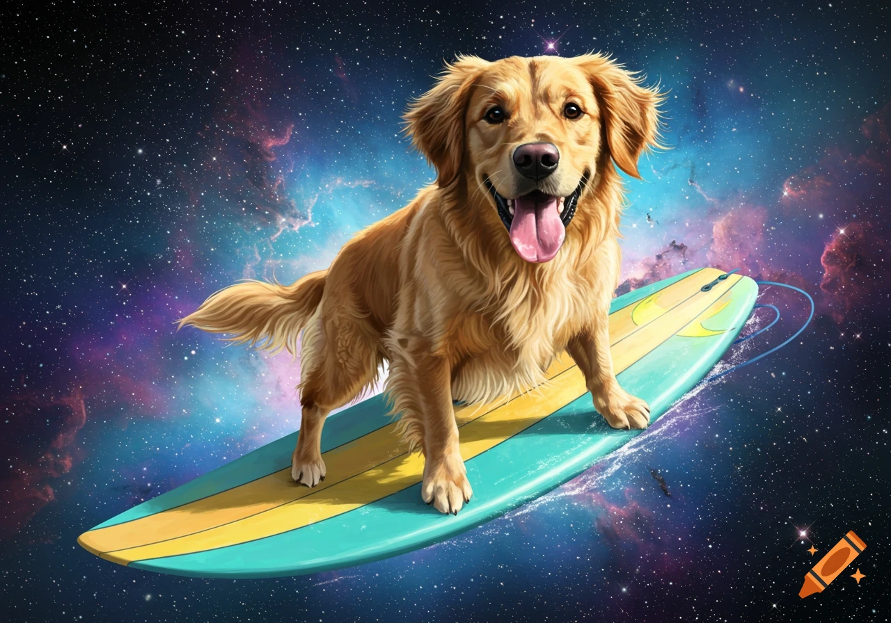 A golden retriever dog surfs on a board through space.