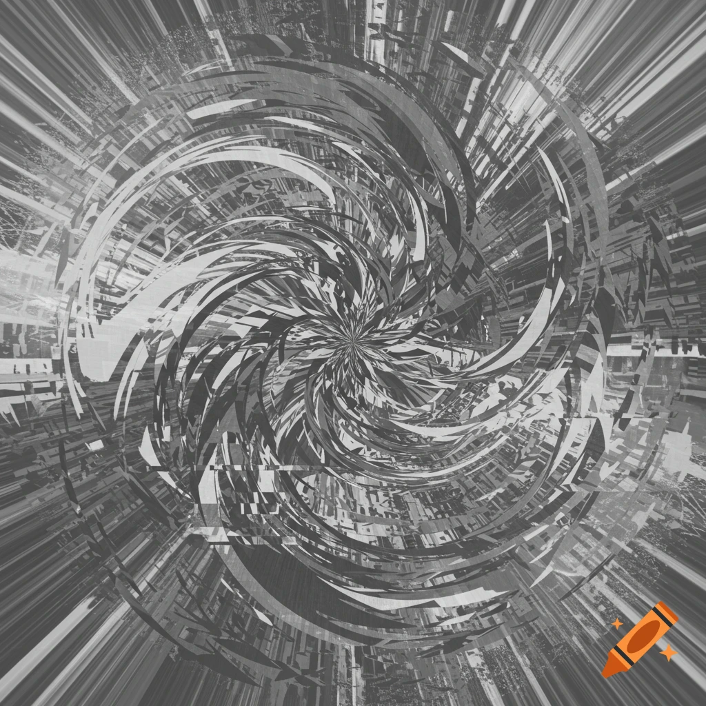 Abstract monochrome image featuring a central swirling vortex of sharp shapes radiating outwards, with a glitchy or psychedelic effect.