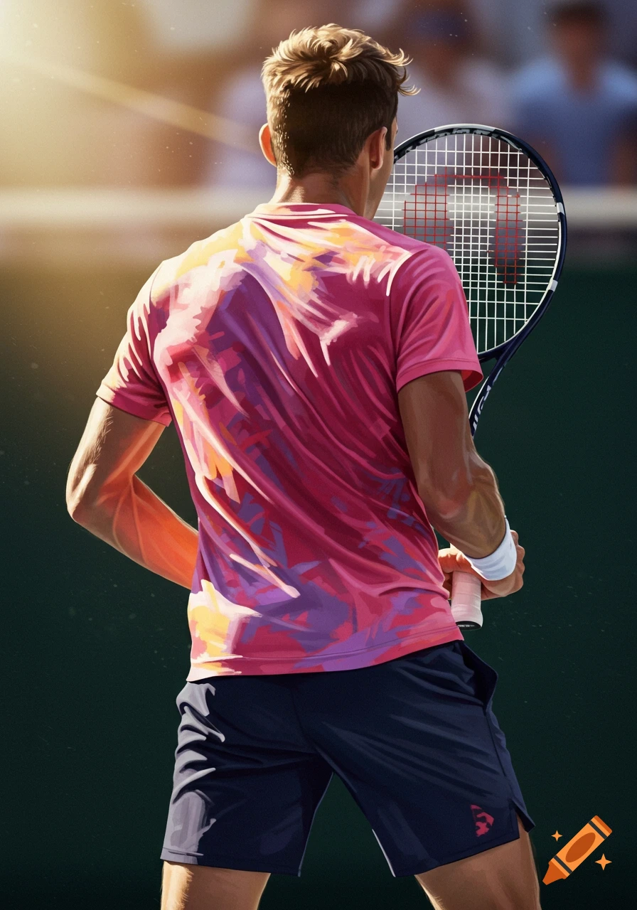 A male tennis player, viewed from behind, holding a racket on a court, illustration.