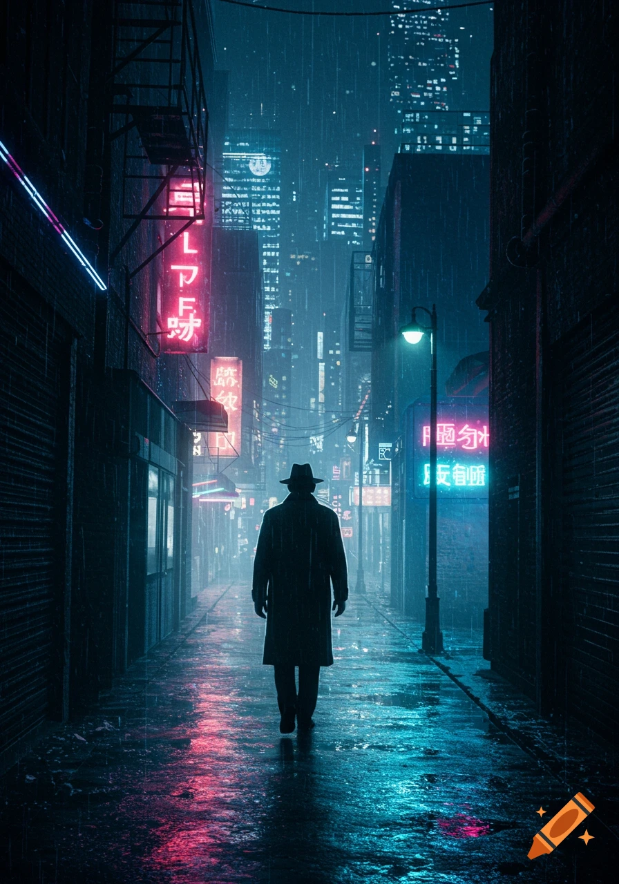 A silhouette of a person in a fedora and trench coat walks down a rainy, neon-lit city alley at night in a film noir style.