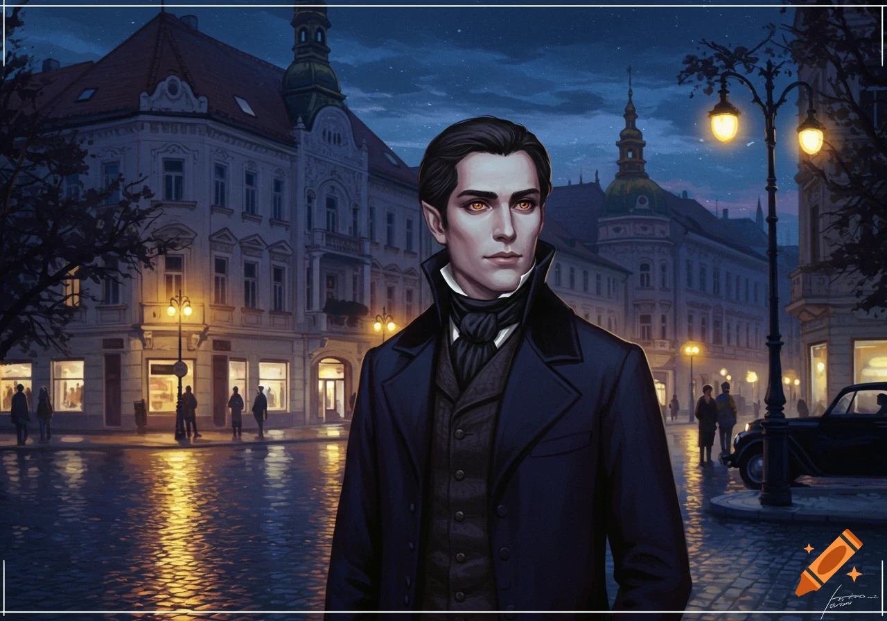 A vampire in a suit stands on a wet city street at night.