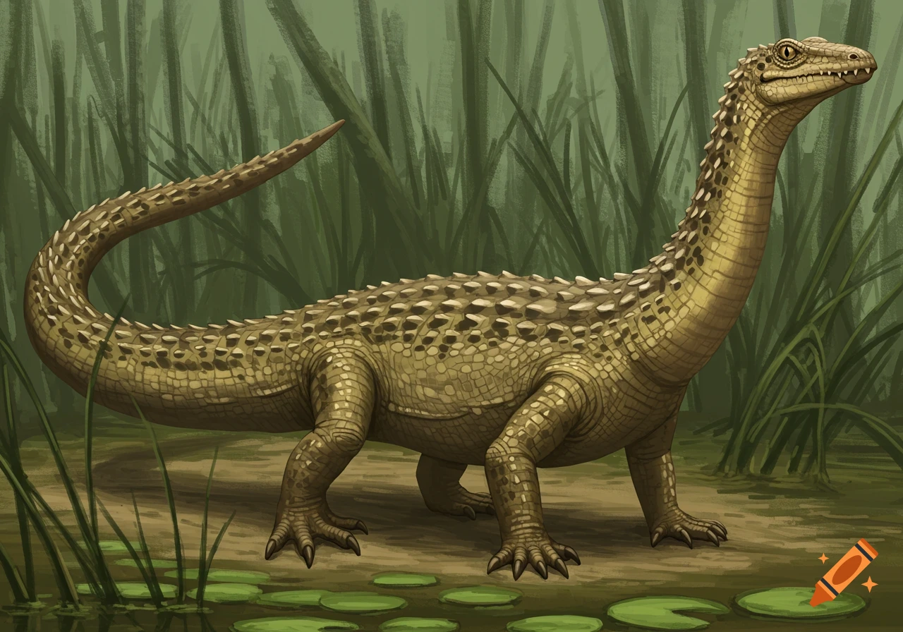 An illustration of a fictional reptile creature with a long neck and tail standing in a marsh.