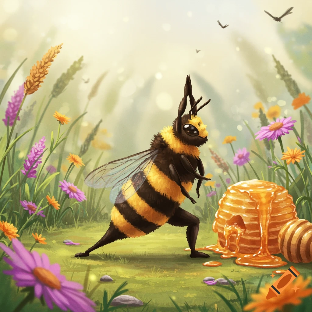 Illustration of a cartoon bee doing a yoga pose next to a honeycomb in a field of flowers.