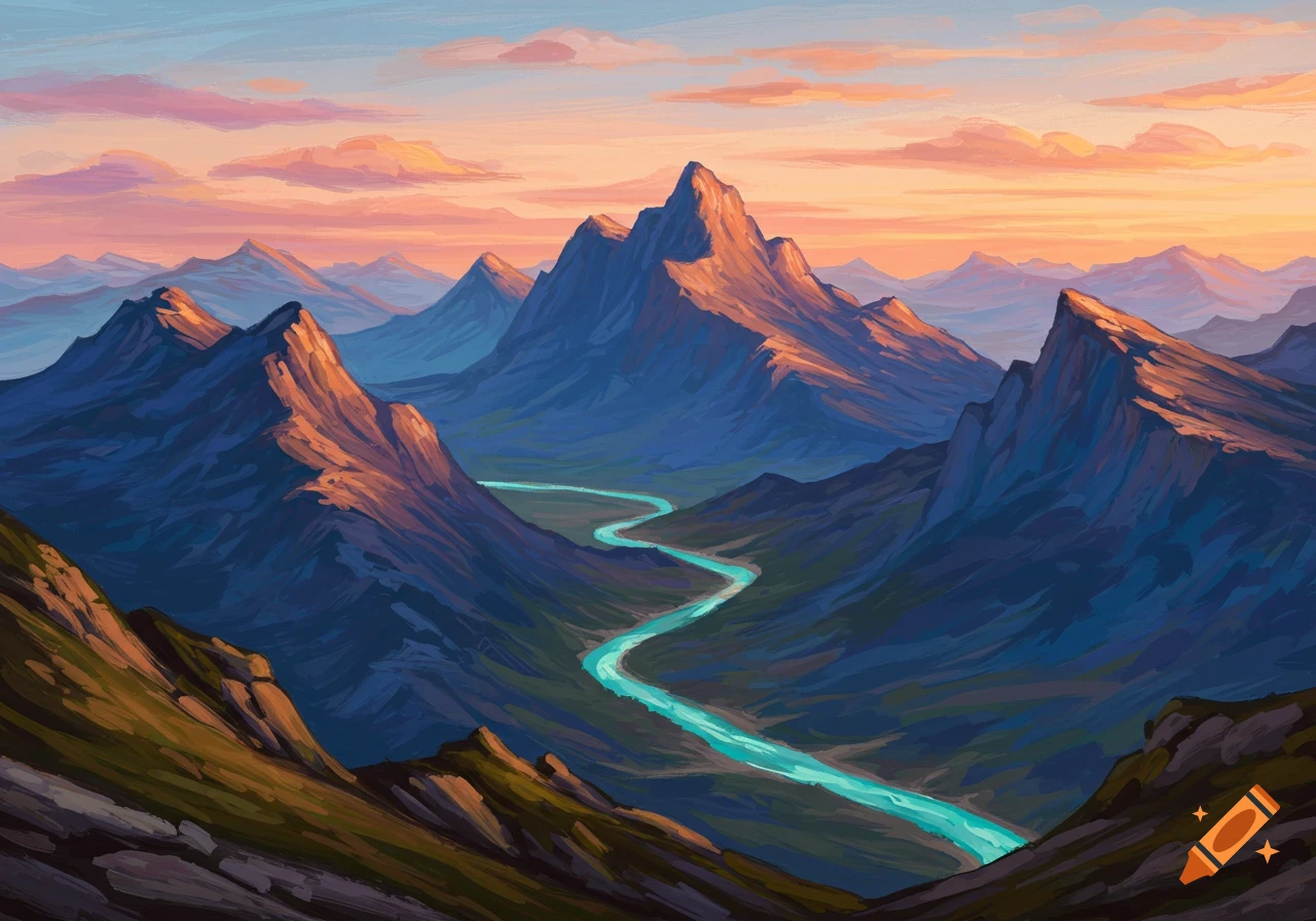 Stylized painting of a winding river flowing through a mountain valley at sunset.