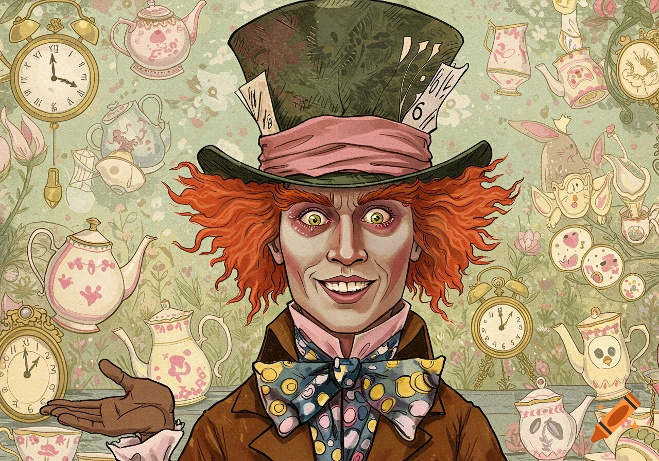 Detailed illustration of the Mad Hatter with wild orange hair, wearing a top hat with a 10/6 ticket, surrounded by teapots and clocks.