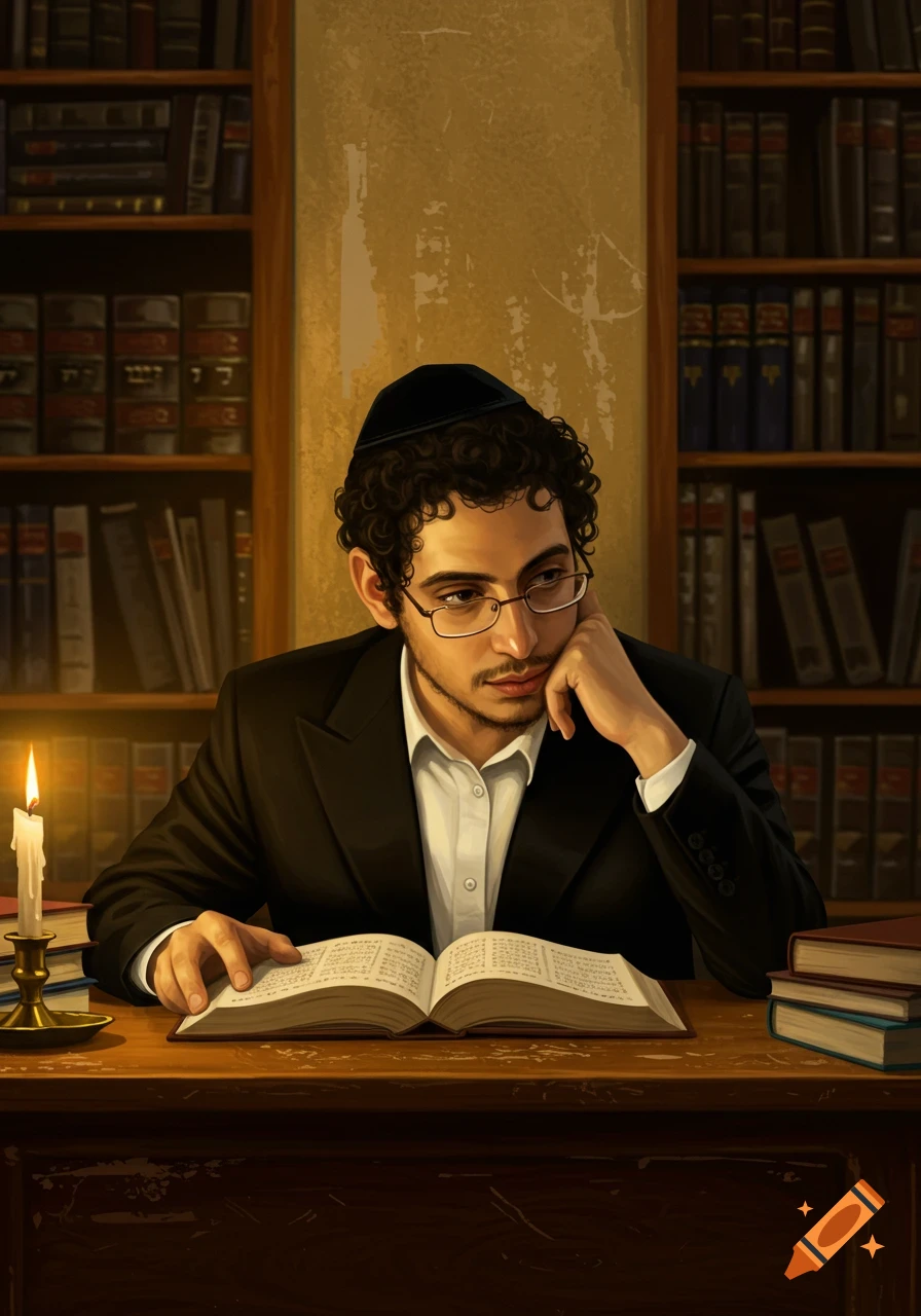 A yeshiva student reads a book by candlelight at a desk in a library.