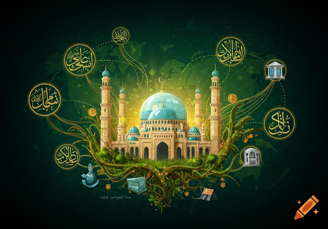 Illustration of a mosque with roots, surrounded by circles with Arabic calligraphy and financial symbols on a green background.
