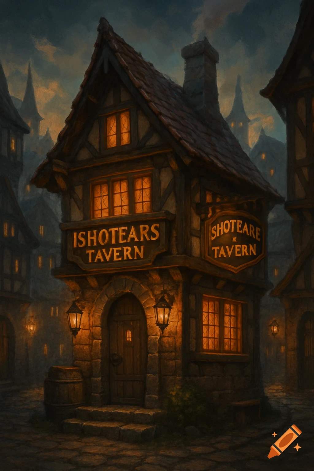 A fantasy tavern building at night with warm lights.