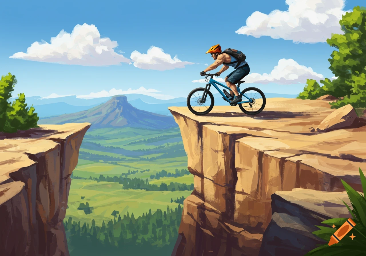 Illustration of a man mountain biking on the edge of a cliff overlooking a valley.