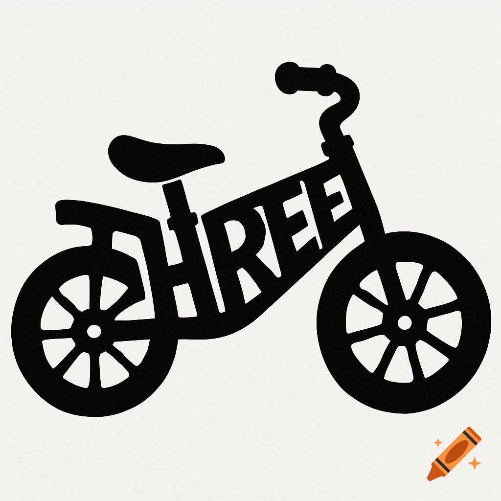Black silhouette decal of a toddler bike with the word THREE cut out of the frame.