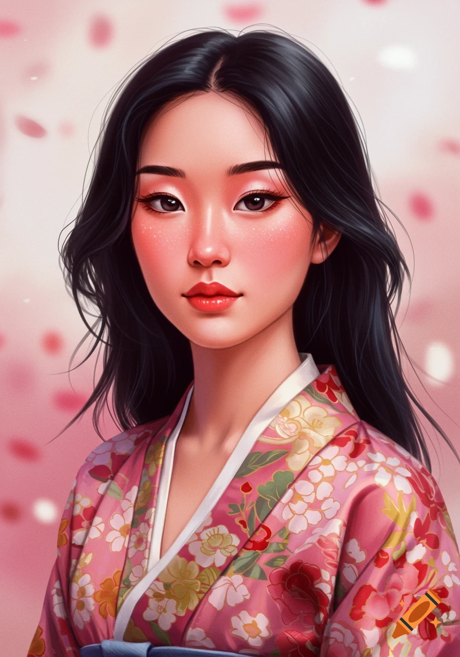 Portrait of a woman in a pink floral kimono surrounded by falling petals, dreamy art style.