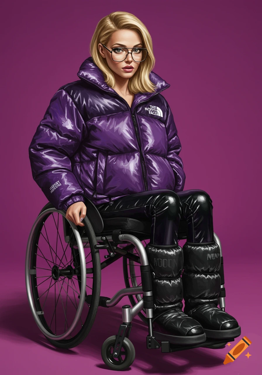 A woman with blonde hair and glasses in a purple puffer jacket and black leggings sits in a wheelchair.