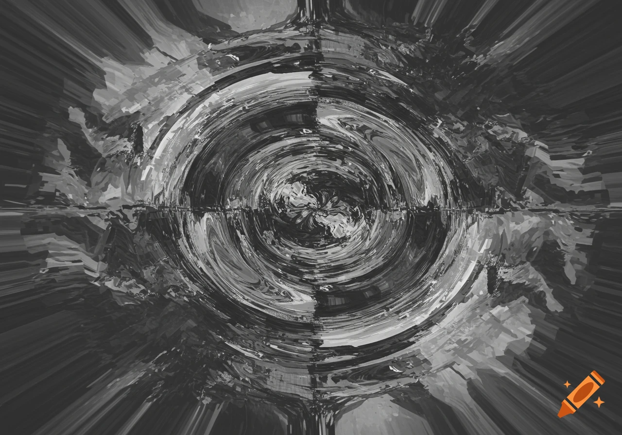 Abstract monochrome swirling pattern with radiating lines, psychedelic style.