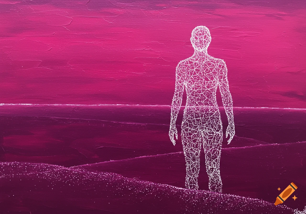 A stylized human figure made of white dots stands in a vast landscape of pink and purple.