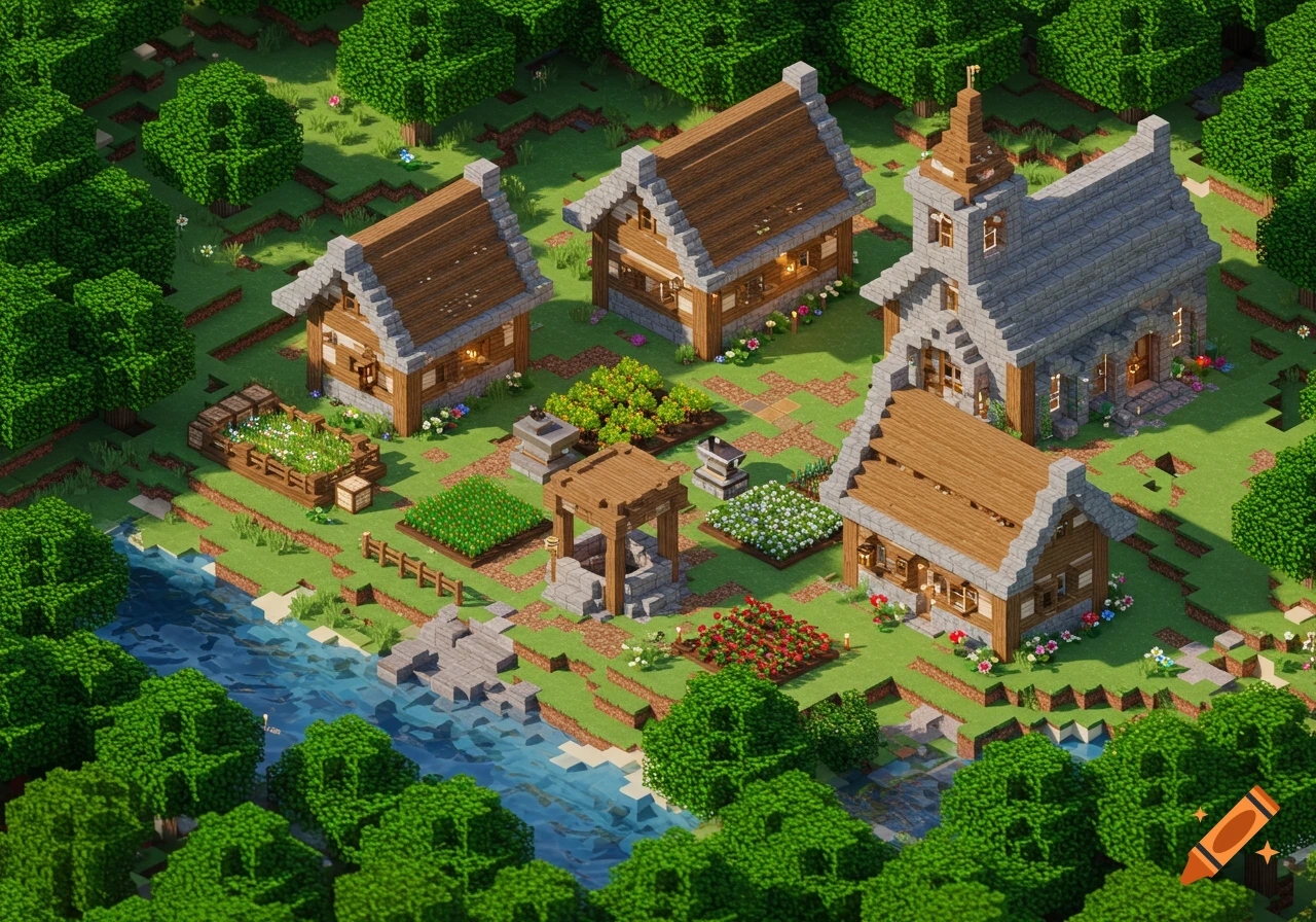 Pixelated isometric view of a Minecraft village with houses, church, river, and gardens