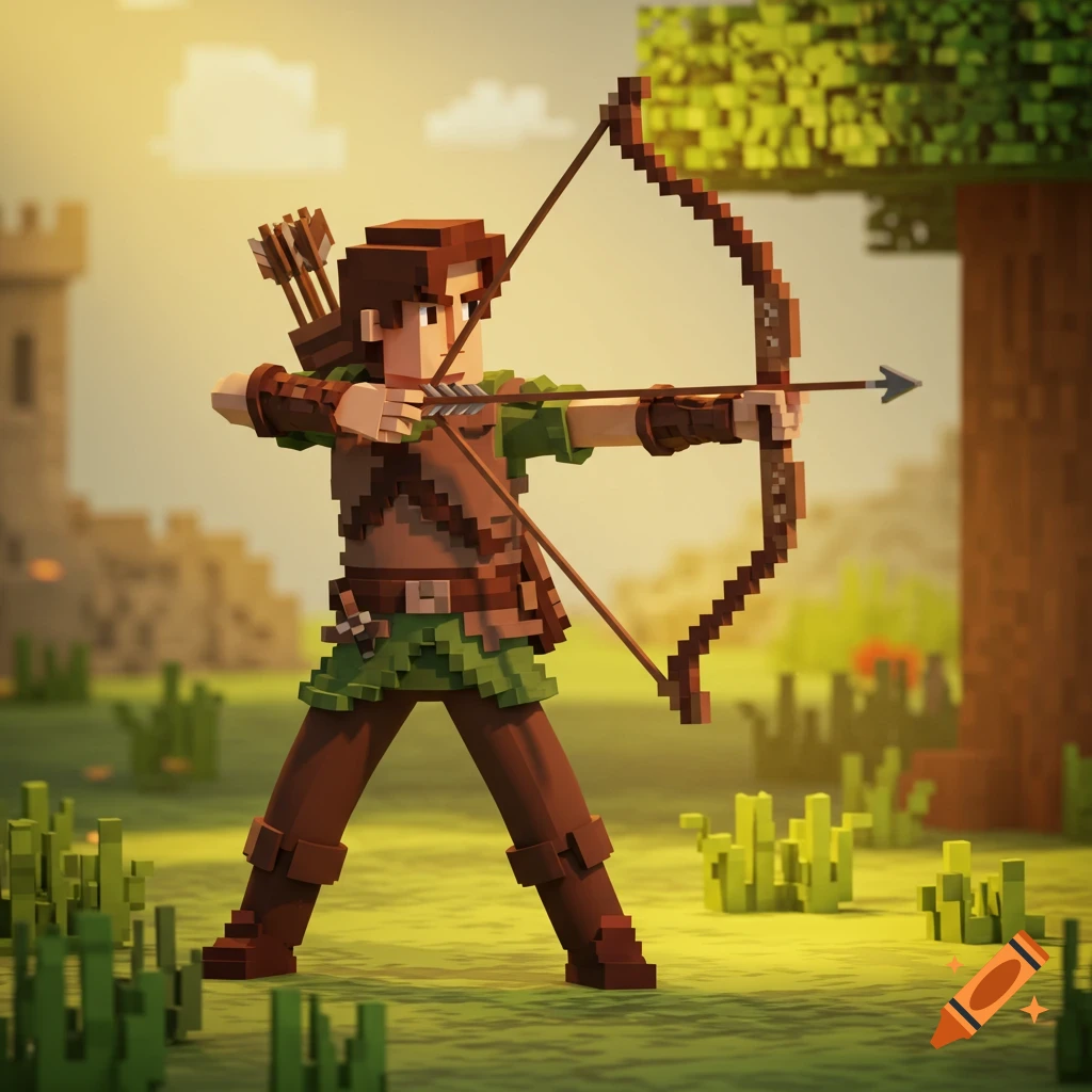 A blocky pixel art archer drawing a bow in a grassy field with a castle.