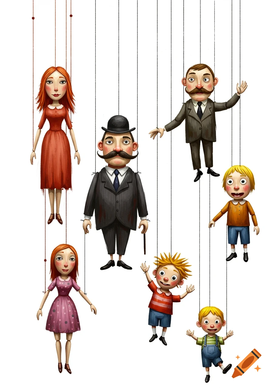 Illustration of multiple human-like puppets hanging from strings against a white background.