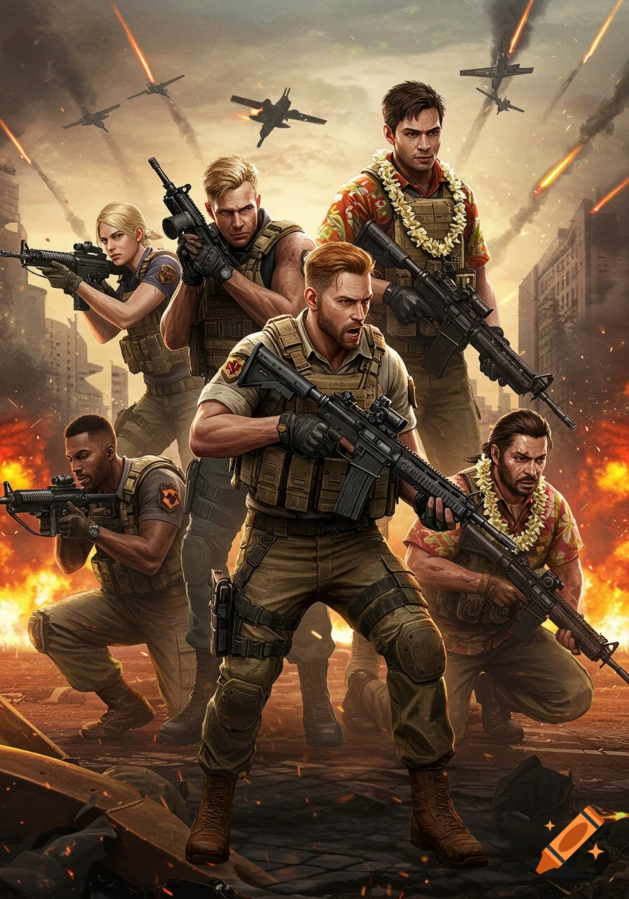 Group of diverse soldiers with rifles stand in war-torn city with explosions and jets overhead.