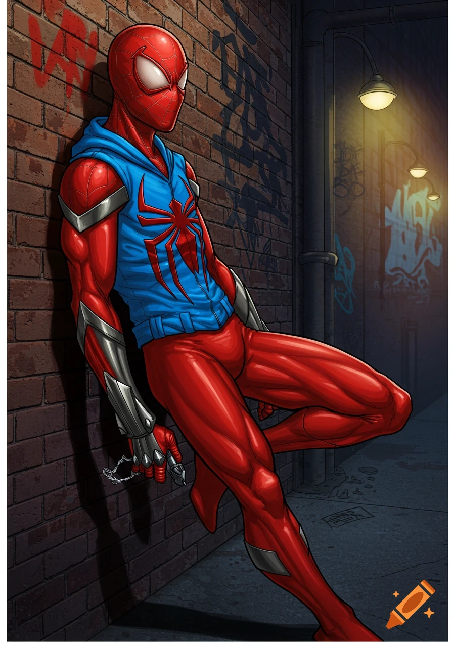 Scarlet Spider leaning against a brick wall in an alley at night, comic book style.