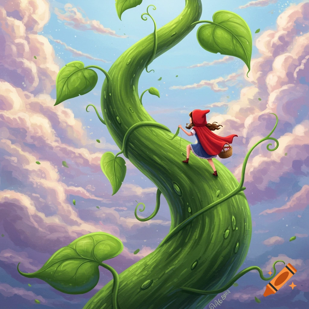 Little Red Riding Hood climbs a giant beanstalk in the sky, digital illustration.