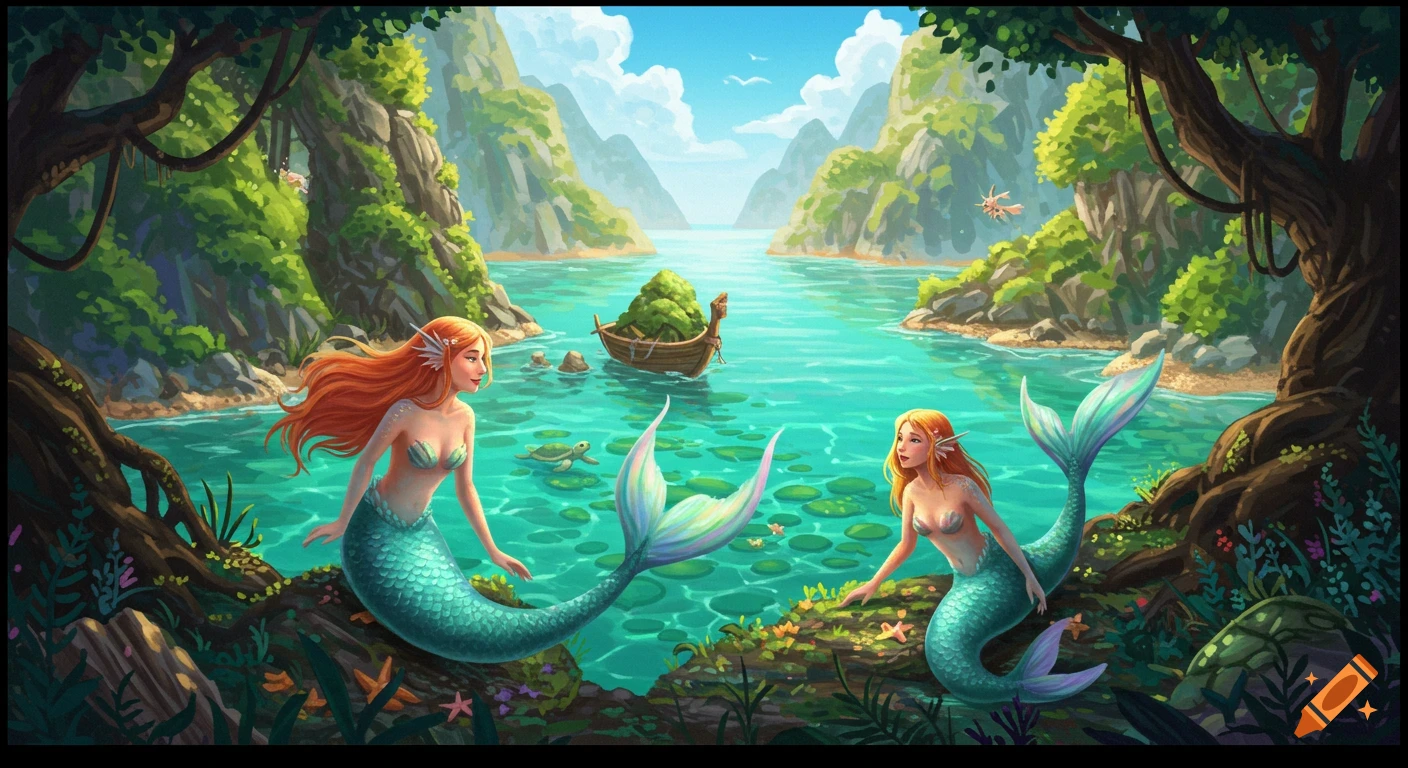 Two mermaids sit on rocks by clear water in a lush, fantastical landscape with mountains and a boat.