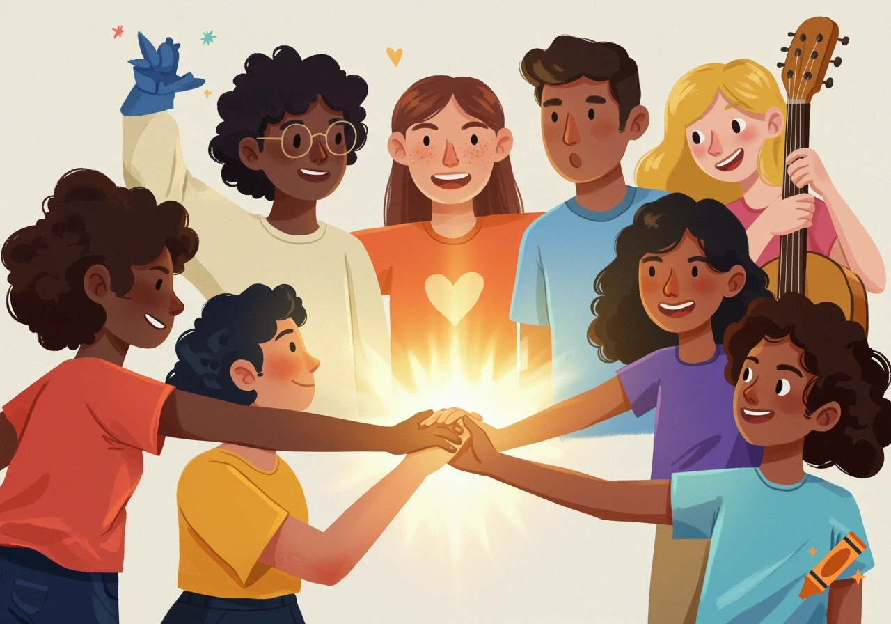 Colorful illustration of diverse young people holding hands and smiling.