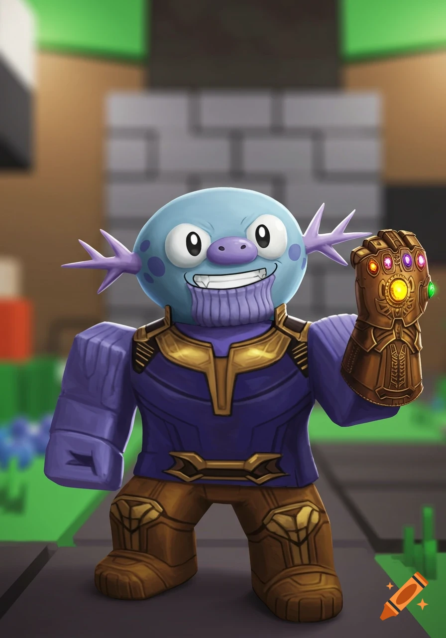 A Roblox-style Wooper character dressed as Thanos wearing the Infinity Gauntlet.
