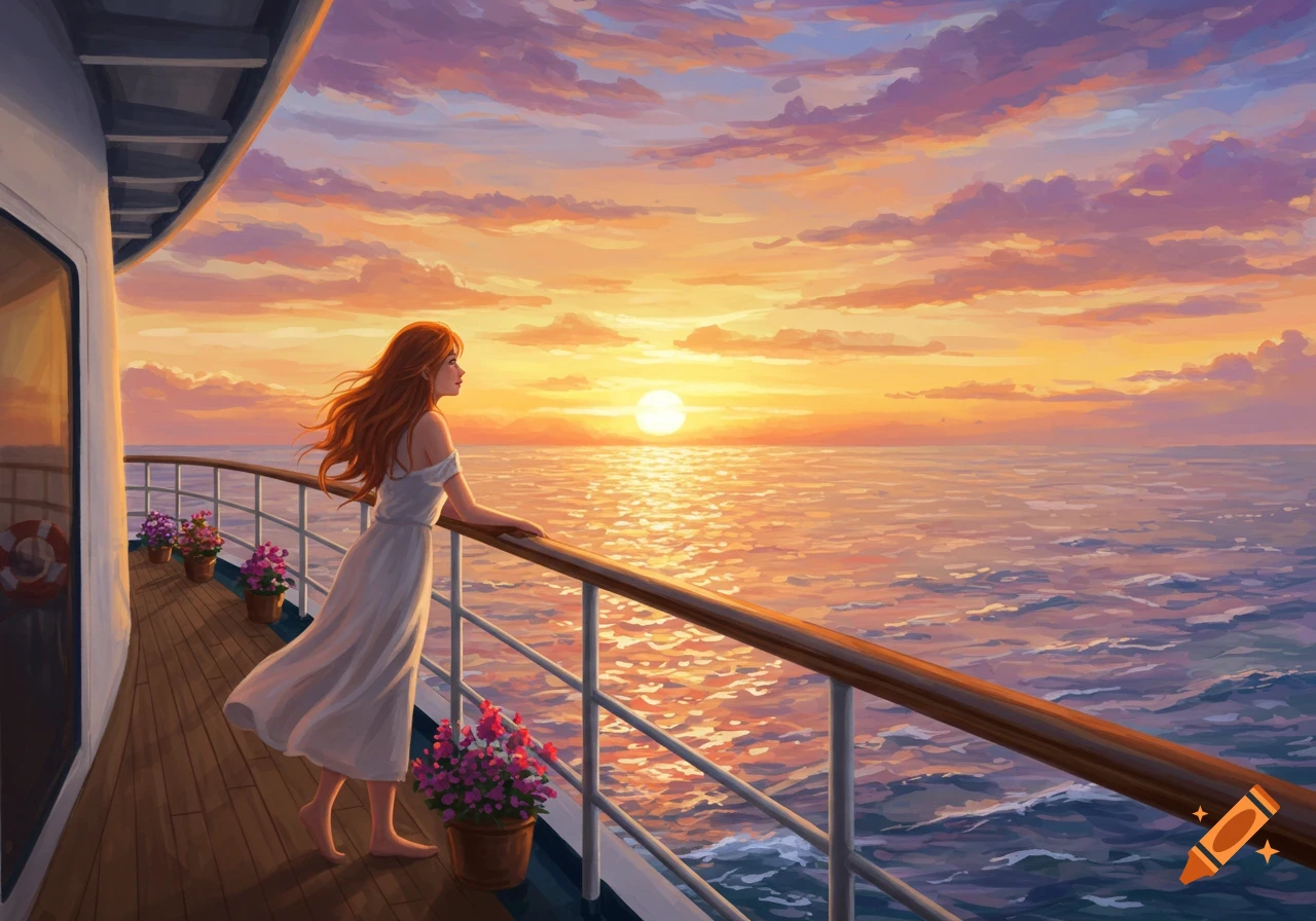 A woman stands on a ship's balcony watching a sunset over the ocean, illustration.