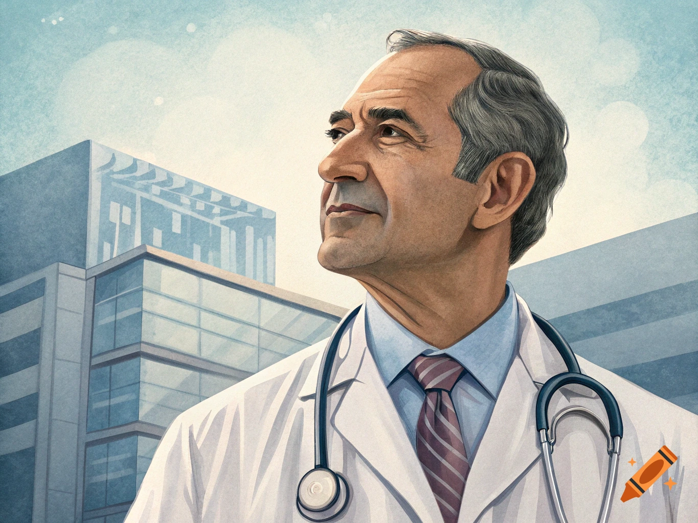 Watercolor portrait of a doctor in a white coat and stethoscope looking upwards, with a building in the background.