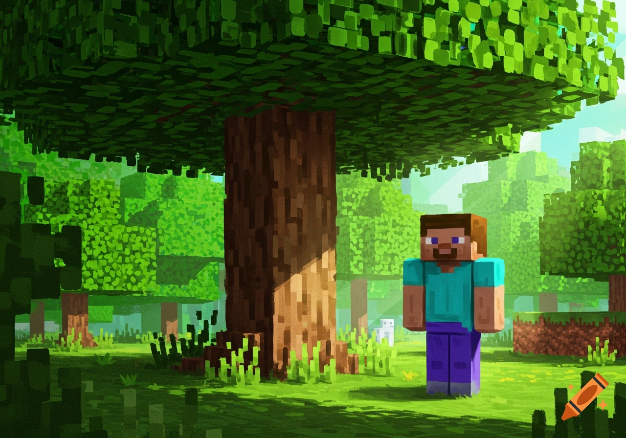 Minecraft Steve stands beside a large tree in a grassy field.