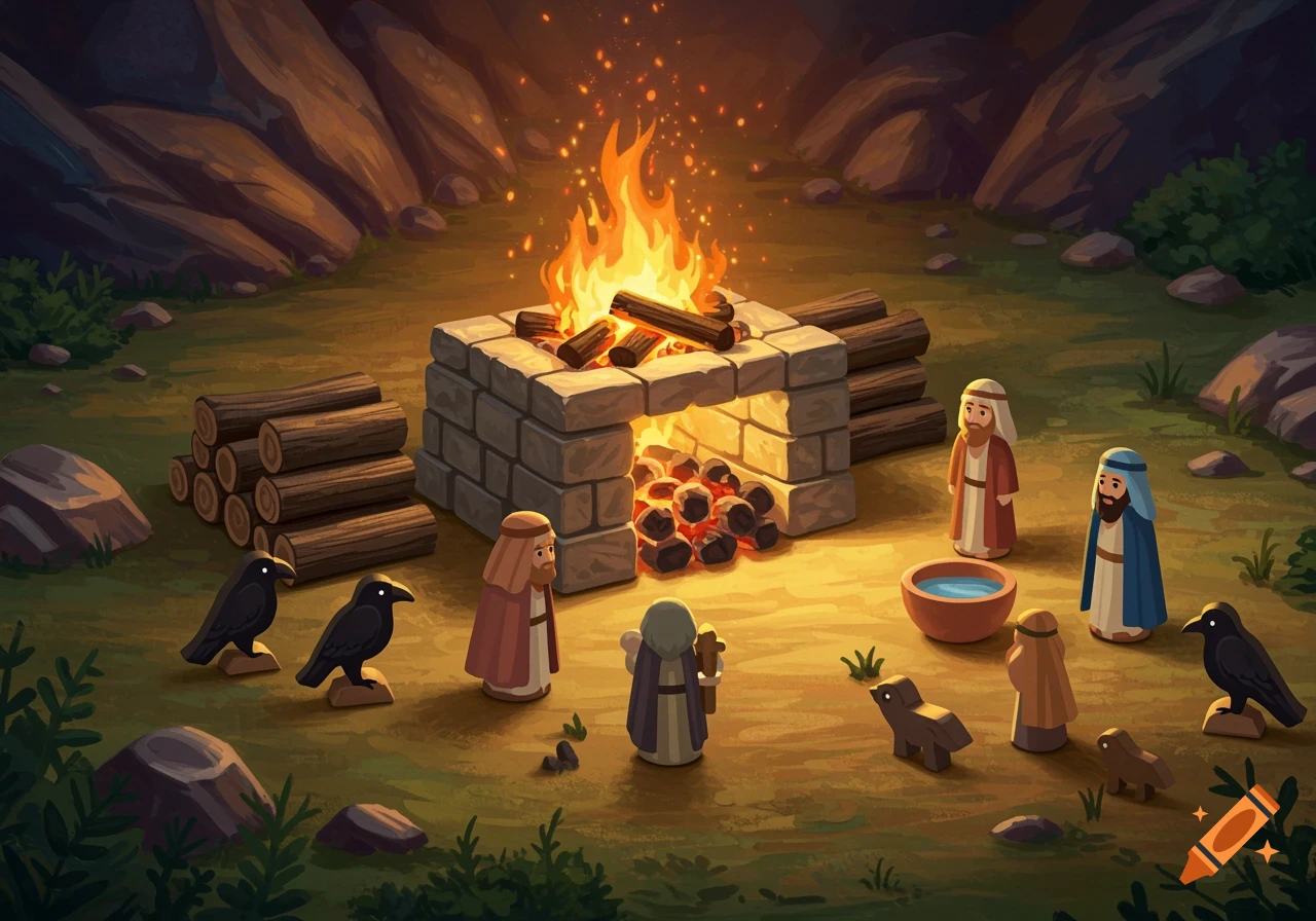 Stylized figures around a stone altar with fire and logs, like a biblical play set.