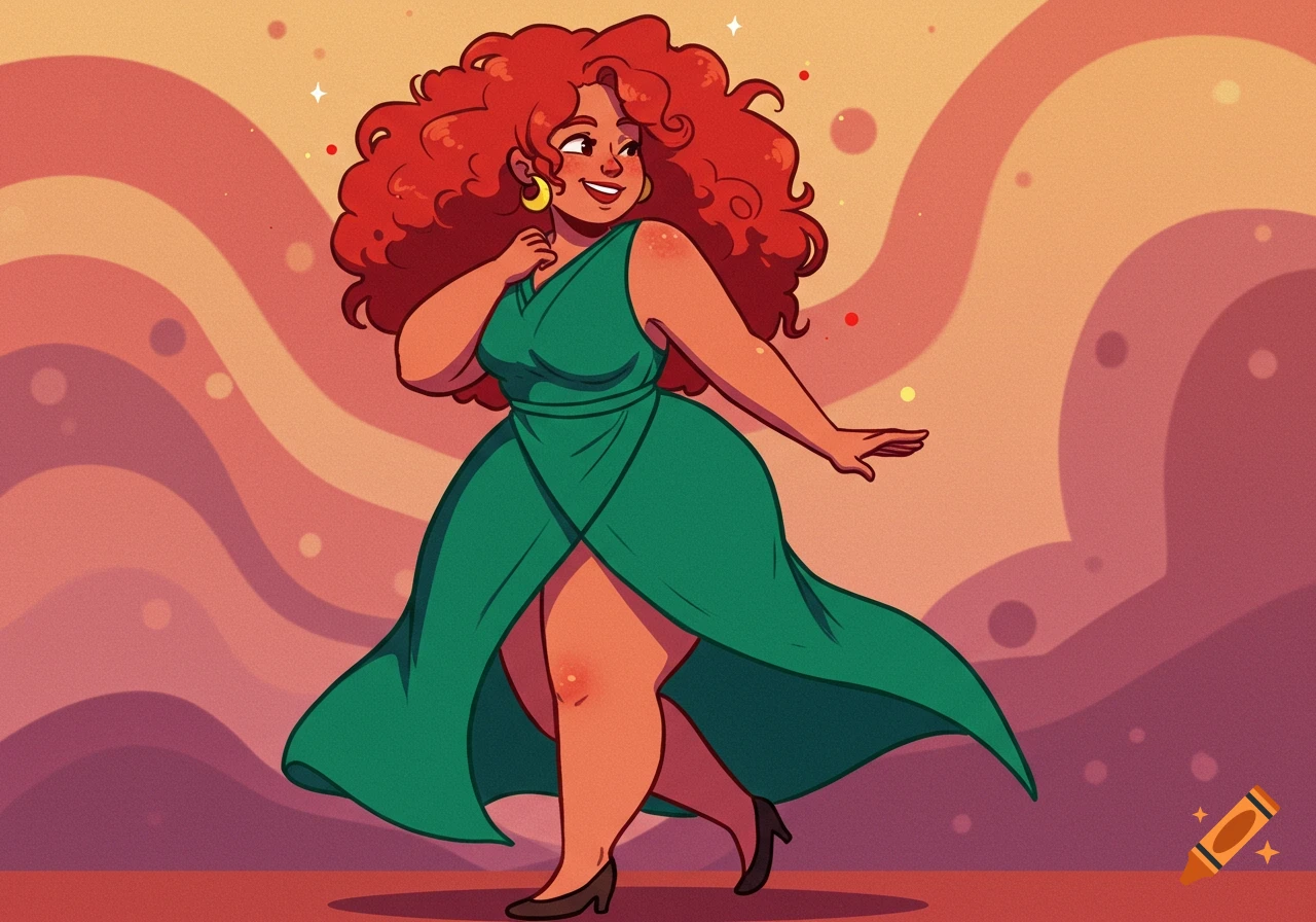 Animated woman with curly red hair in green dress dancing.