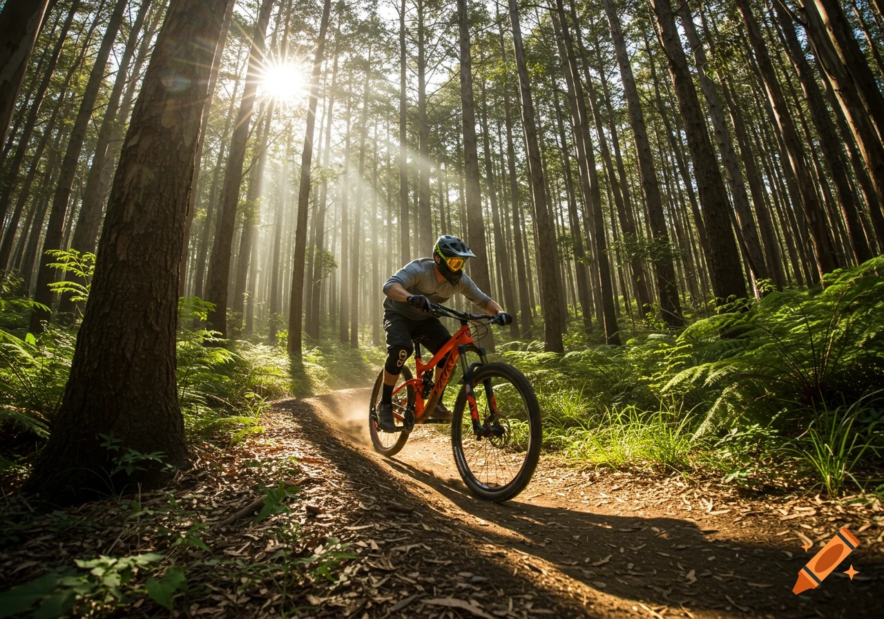 A mountain biker rides down a sunny forest trail.